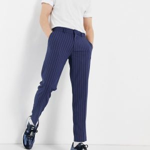 ASOS DESIGN - Elegante cropped skinny-bukser i navyblå med beige nålestriber-Marineblå