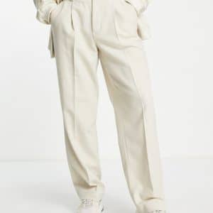 ASOS DESIGN - Elegante beige bukser med brede ben i uldmix med sildebensmønster-Neutral